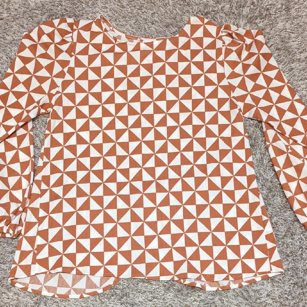 Geometric Orange and White Long Sleeve Top